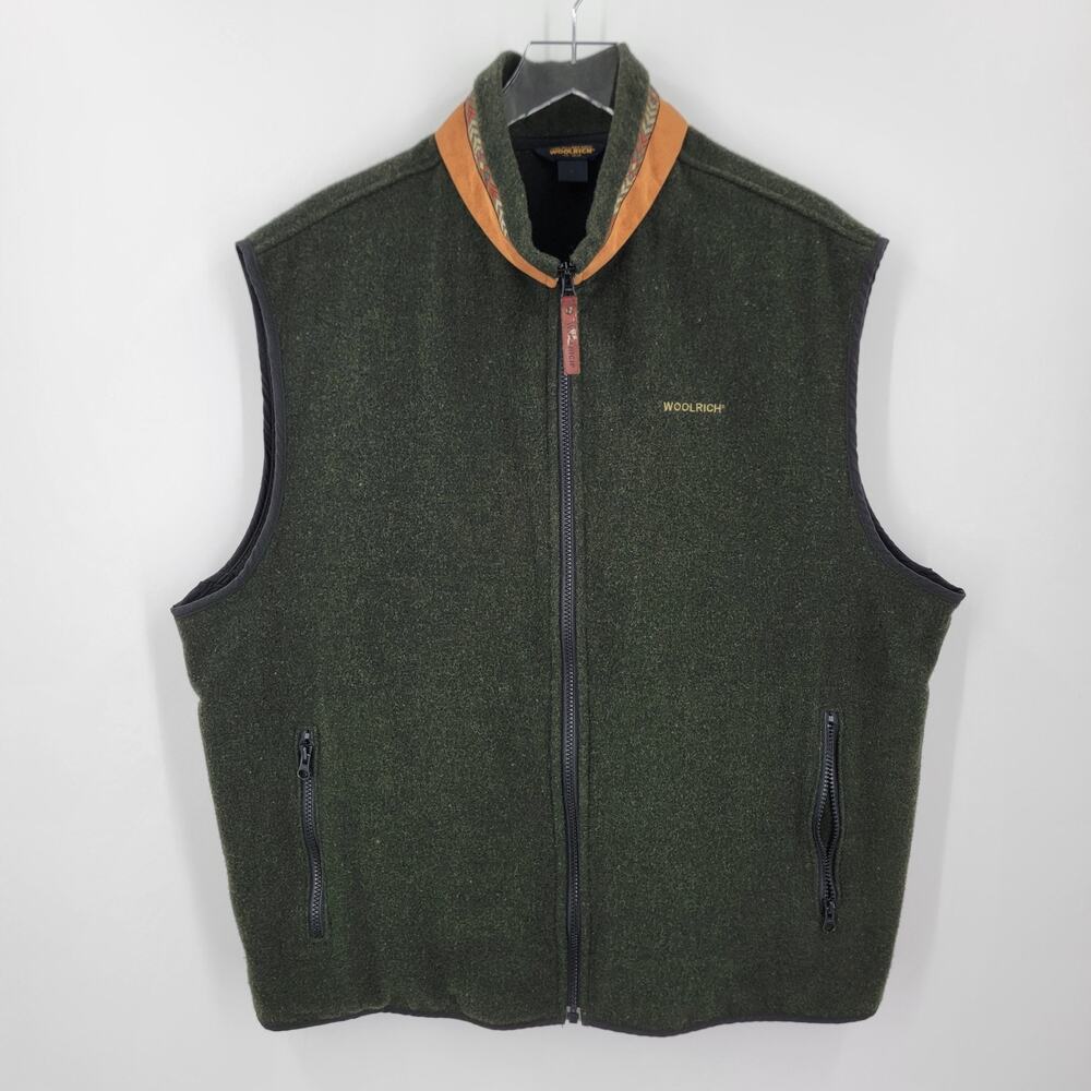 Woolrich Vest Mens XL Green Wool Zip Pockets Trim Neckline Made In USA Vintage